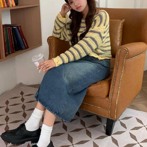 Load image into Gallery viewer, Autumn Winter Retro Black Office Lady Denim Split Skirt 2024 New Blue High Waist Elegant Wrap Hip Long Jean Skirts Women Fashion
