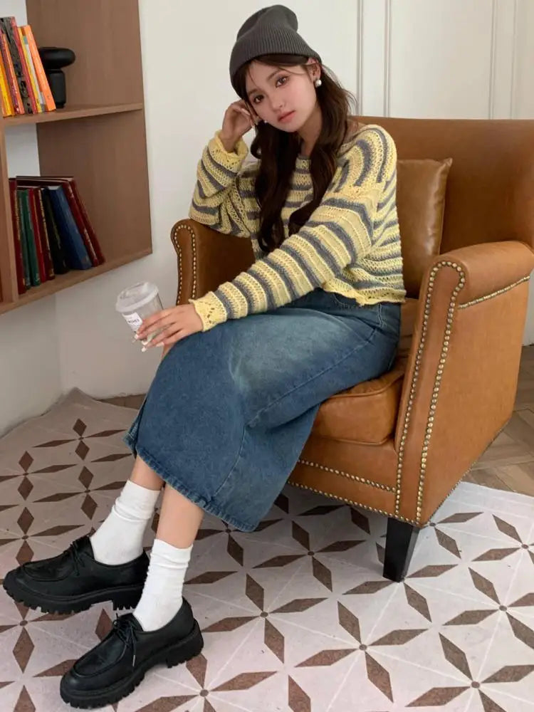 Autumn Winter Retro Black Office Lady Denim Split Skirt 2024 New Blue High Waist Elegant Wrap Hip Long Jean Skirts Women Fashion