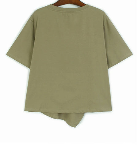 Women Khaki Irregular Embroidery Big Size Casual T-shirt New Round Neck Short Sleeve Fashion Spring Summer 2025 1DJ0588