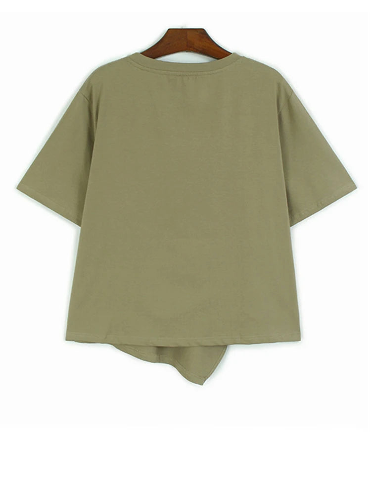Women Khaki Irregular Embroidery Big Size Casual T-shirt New Round Neck Short Sleeve Fashion Spring Summer 2025 1DJ0588