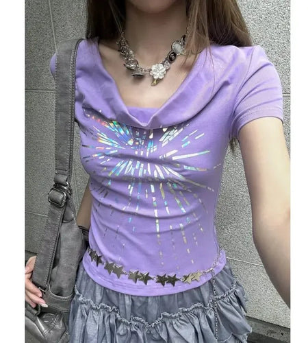 Summer Woman T Shirts Slash Neck Short Sleeve Tees Slim Waist Tunic Camisetas Y2k Tops Casual Chic Korean T-shirt Women Clothes