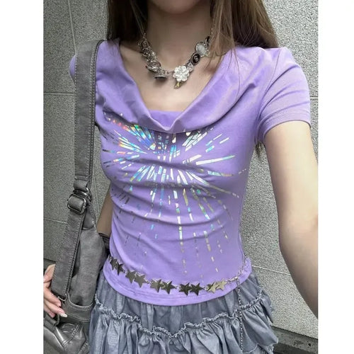 Load image into Gallery viewer, Summer Woman T Shirts Slash Neck Short Sleeve Tees Slim Waist Tunic Camisetas Y2k Tops Casual Chic Korean T-shirt Women Clothes
