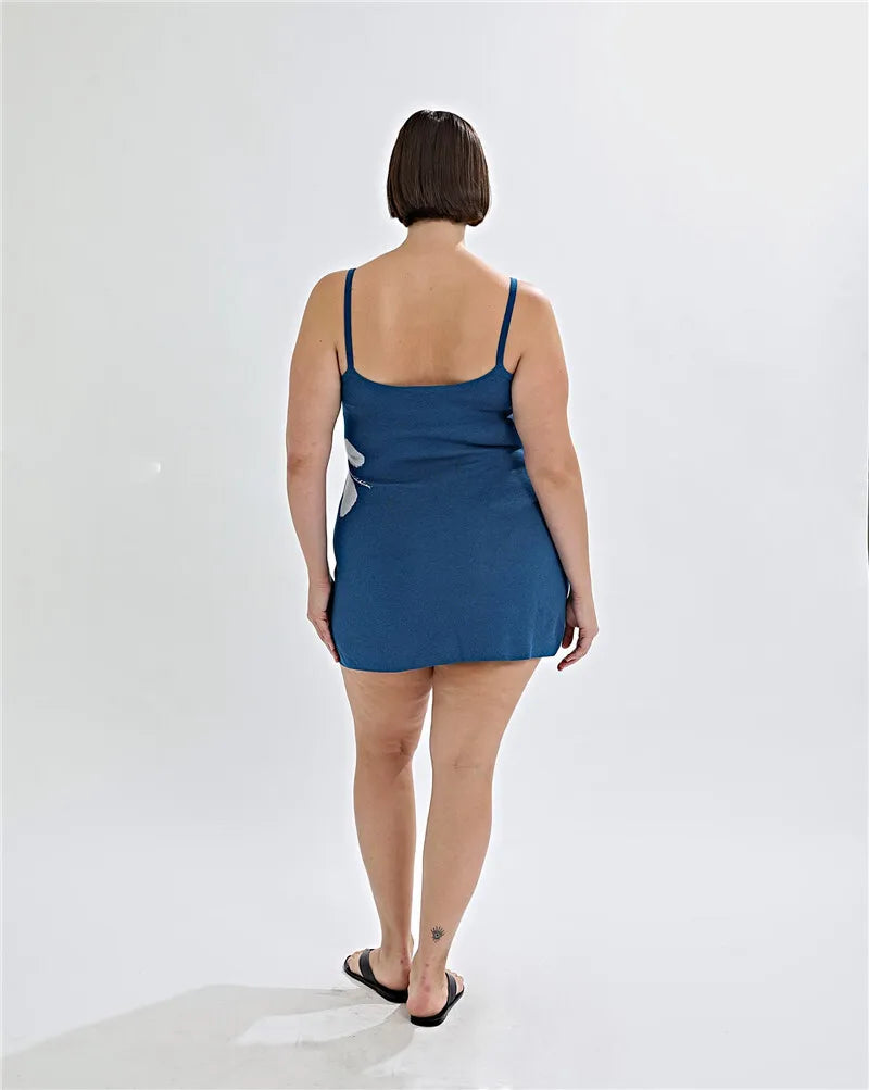 Spaghetti Strap Print Knit Mini Dress For Woman Robe Summer New Sleeveless Backless Beach Holiday Club Dress Knitwear