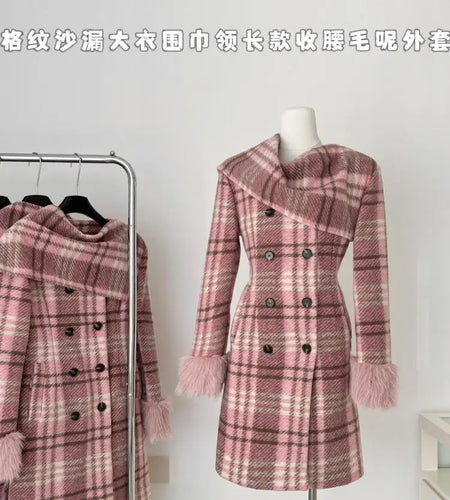 Vintage Winter Pink Plaid Elegant Big Scarf Collar Double Breasted Woolen Coat Women Korean Fashion Elegant Slim Long Jacket New