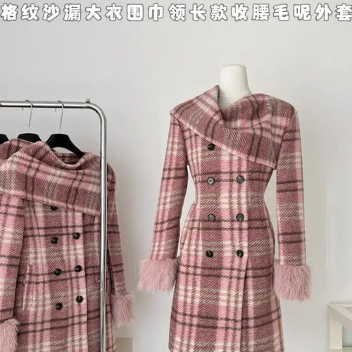 Load image into Gallery viewer, Vintage Winter Pink Plaid Elegant Big Scarf Collar Double Breasted Woolen Coat Women Korean Fashion Elegant Slim Long Jacket New
