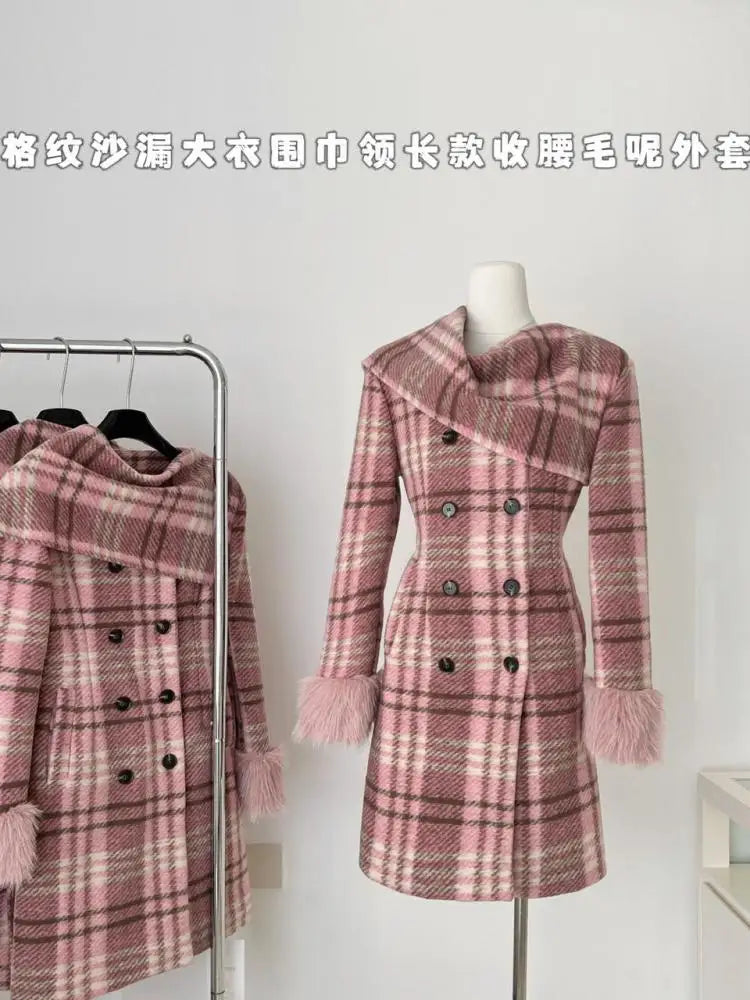 Vintage Winter Pink Plaid Elegant Big Scarf Collar Double Breasted Woolen Coat Women Korean Fashion Elegant Slim Long Jacket New