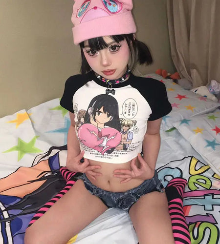 Cotton Woman Tshirts Short Sleeve O-neck Anime Summer Tees Sweet Crop Tops 2023 Ropa Mujer Fashion Casual Japanese Sexy T Shirt