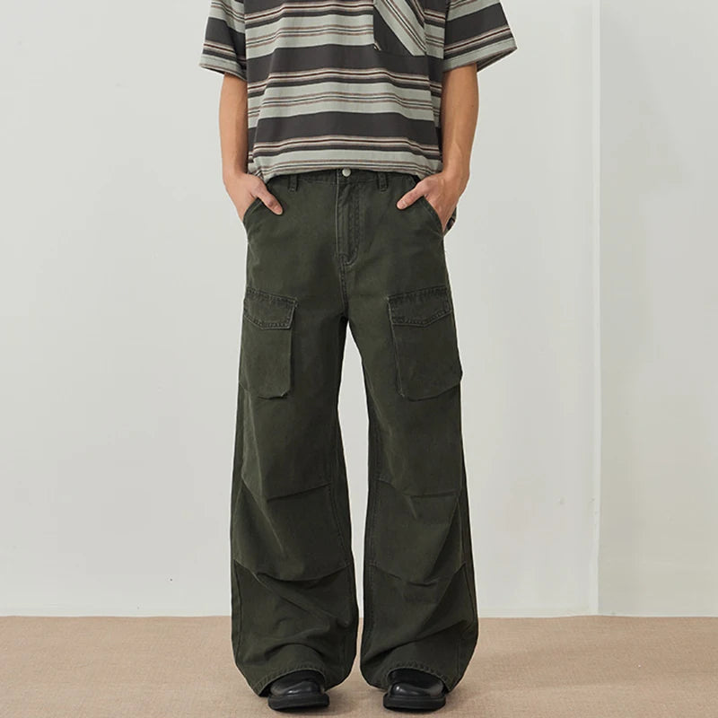 Men's Cargo Pants New American Style Multi Pockets High Street Straight Wide Leg Pants Solid Color Male Trousers 9W1898