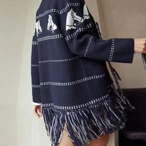 Load image into Gallery viewer, Hit Color Spliced Tassels Fashion Cardigans for Women O Neck Long Sleeves Patchwork Pockets Cardigan Female Clothes
