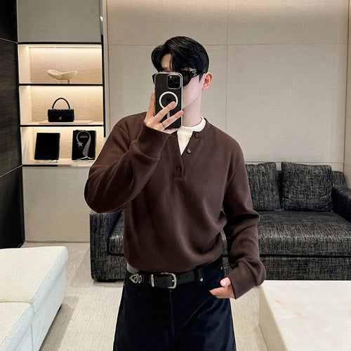 Load image into Gallery viewer, Winter Korean Crew Neck Knitted Fake Two Pieces Pullovers Men Casual Solid Color Button Fashion Goes Everything 9C9022
