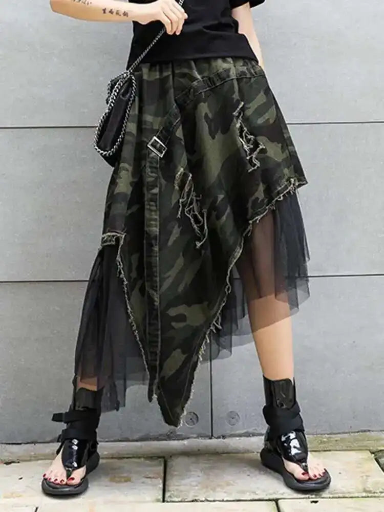High Elastic Waist Camouflage Irregular Mesh A-line Half-body Skirt Women Fashion Tide New Spring Autumn 2025 1DH6094