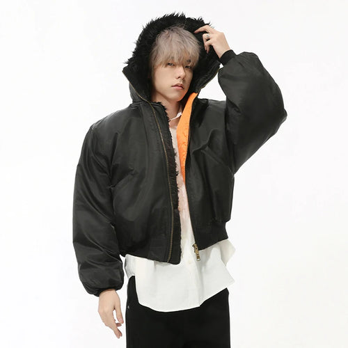 Load image into Gallery viewer, Korean Style Men&#39;s Cotton Coats Fur Collar Hooded Casual Menswear Solid Color Zipper Patchwork Male Padded Jackets 9C9223
