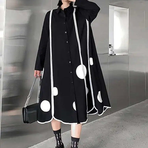Load image into Gallery viewer, Women Black Dot Printed Long Big Size Shirt Dress New Lapel Long Sleeve Loose Fit Fashion Tide Spring Autumn 2025 1DF1508
