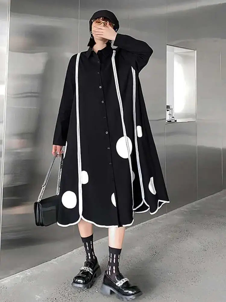 Women Black Dot Printed Long Big Size Shirt Dress New Lapel Long Sleeve Loose Fit Fashion Tide Spring Autumn 2025 1DF1508