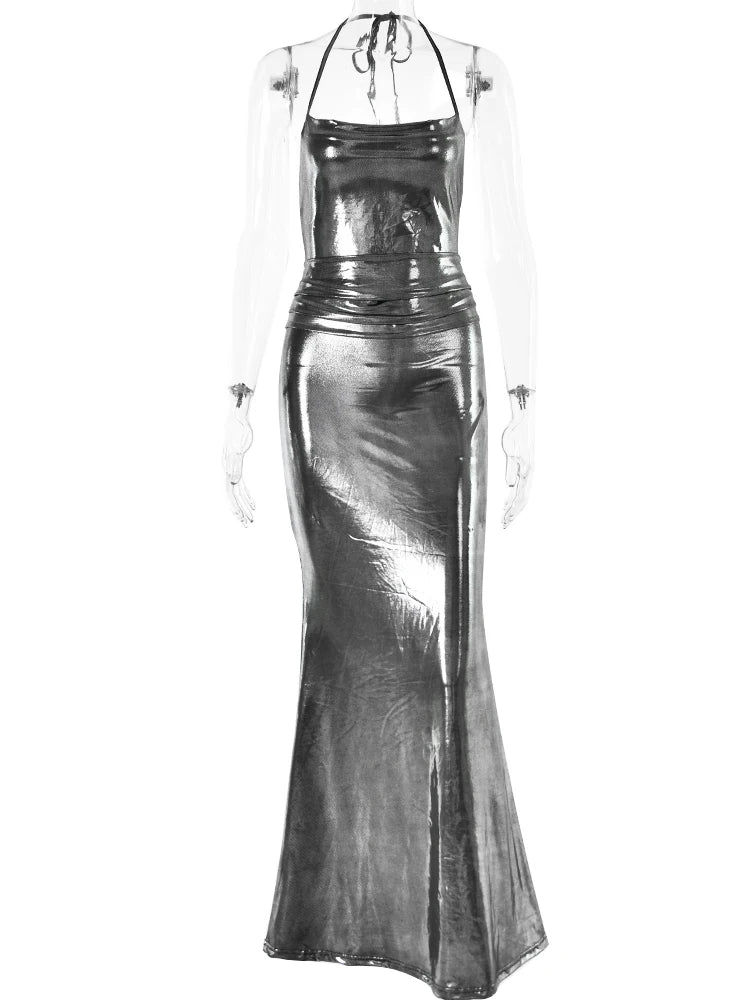 Sexy Sleeveless Metal Dress For Women Elegant Backless Evening Dress Maxi Bodycon Vestidos Fashion Party Clubwear 2024
