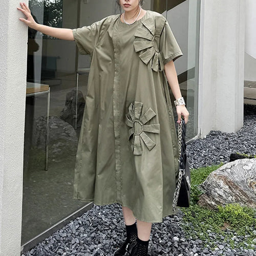 Load image into Gallery viewer, Women Green Flower Spliced Big Size Shirt Dress New Round Neck Short Sleeve Fashion Tide Spring Autumn 2025 1DH9678
