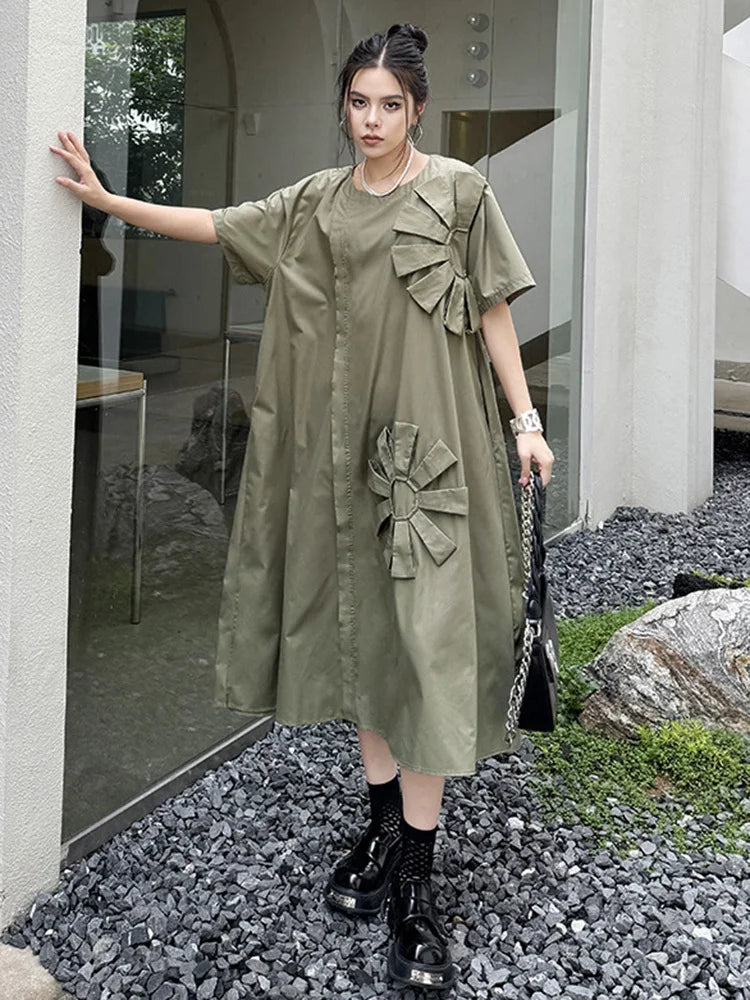 Women Green Flower Spliced Big Size Shirt Dress New Round Neck Short Sleeve Fashion Tide Spring Autumn 2025 1DH9678