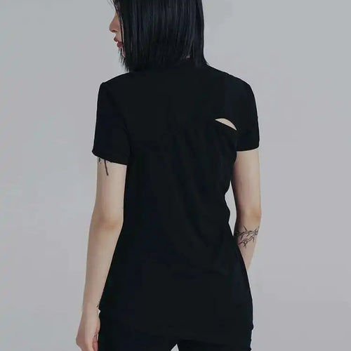 Load image into Gallery viewer, Women White Black Irregular Hem Holes Slim T-shirt New Round Neck Short Sleeve Fashion Tide Spring Summer 2025 1DE8432
