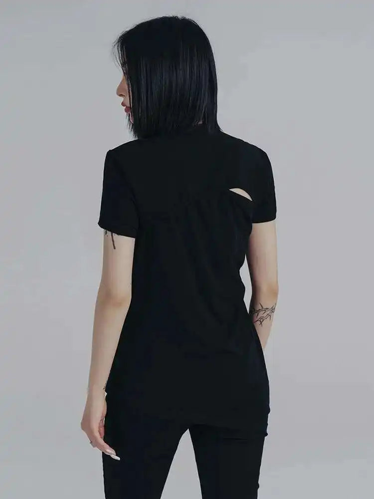 Women White Black Irregular Hem Holes Slim T-shirt New Round Neck Short Sleeve Fashion Tide Spring Summer 2025 1DE8432