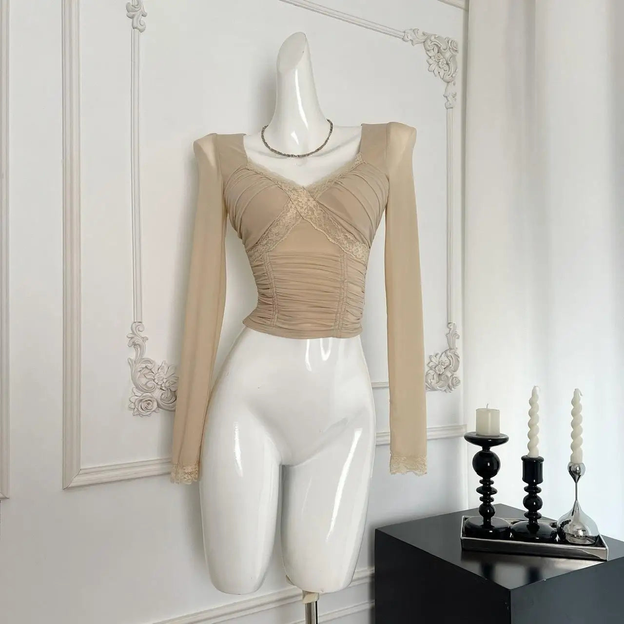 Vintage Fashion Khaki Elegant Lace Mesh Pleated Tops French Autumn Brown Square V Neck Chic Long Sleeve Festival Short T Shirt