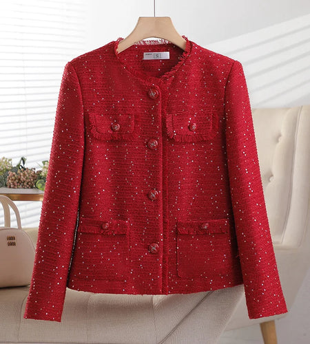 Korean Retro Pink Beige Women's Single Breasted Sequins Blazer Jacket 2024 New Spring Autumn Red Temperament Goddess Top Popular