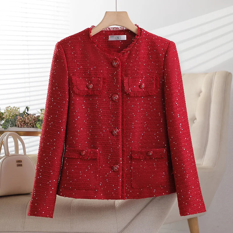 Korean Retro Pink Beige Women's Single Breasted Sequins Blazer Jacket 2024 New Spring Autumn Red Temperament Goddess Top Popular