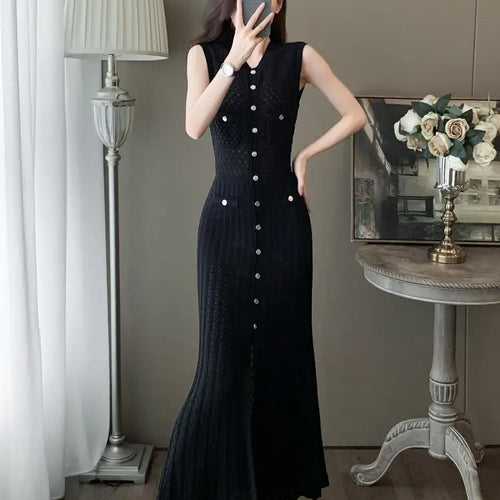 Load image into Gallery viewer, Summer Black V-neck Elegant Knit Long Dress Women Slim Sleeveless Single Breasted Hollow Out Split Dress 2024 New Korean Fashion
