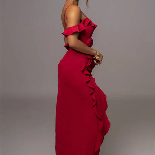 Load image into Gallery viewer, Elegant Ruffle Sexy Maxi Dress Women Spaghetti Strap Flower Sleeveless Backless High Split Club Party Evening Dress
