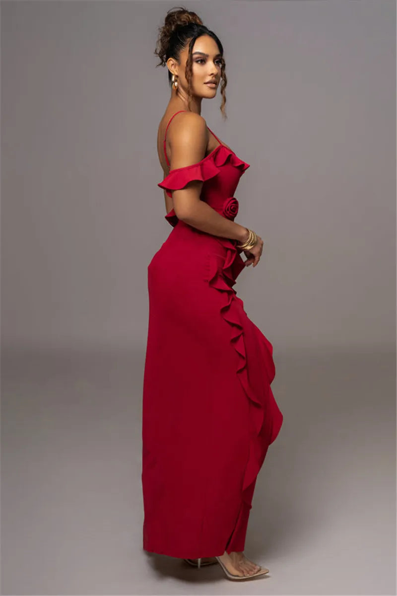 Elegant Ruffle Sexy Maxi Dress Women Spaghetti Strap Flower Sleeveless Backless High Split Club Party Evening Dress