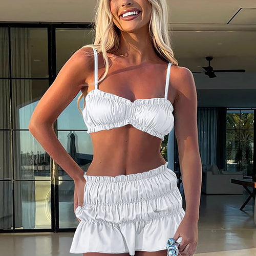 Load image into Gallery viewer, Women Elegant 2 Pcs Sets Solid Slips Ruched Sexy Slim Crop Camis Skirt Summer Women Clothes Beach Festival Party
