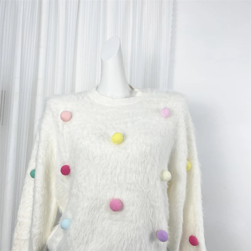 Autumn Winter White Mink Hairball Decoration Short Knitted Sweater Women Round Neck Vacation Long Sleeves Pullover Tops Street