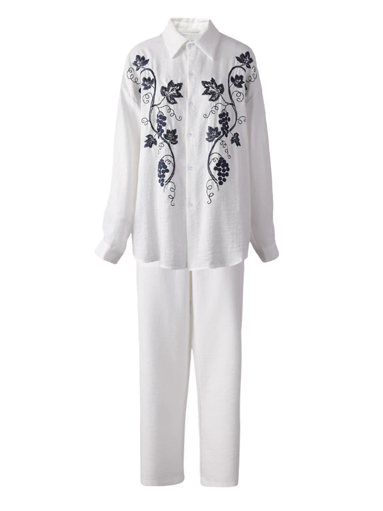 Big Size Embroidery Shirt Wide Leg Pants Two Piece Suit New Lapel Long Sleeve Women Fashion Tide Spring Autumn 2025 CPG307