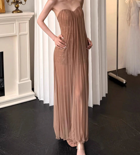 Slimming Spliced Sequins Sexy Dresses for Women Strapless Sleeveless Sheer Patchwork Folds Elegant Dress Female New