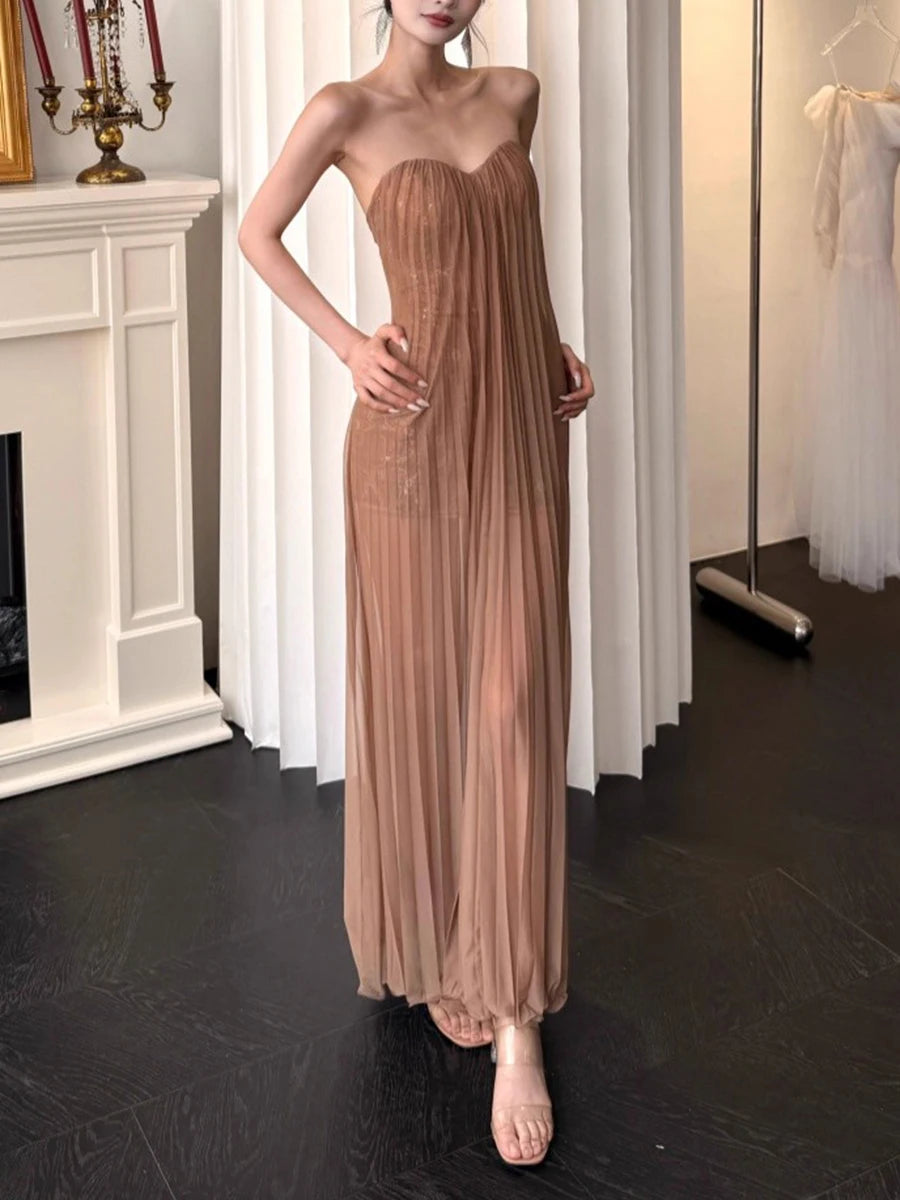 Slimming Spliced Sequins Sexy Dresses for Women Strapless Sleeveless Sheer Patchwork Folds Elegant Dress Female New