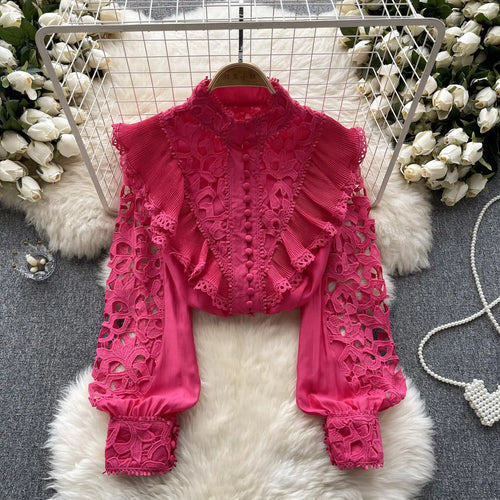 Load image into Gallery viewer, Women's Vintage Sweet Solid Long Sleeved Ruffle Edge Lace Shirt Y2k Korean Fashion Tide Autumn Winter 2023 Hollowed Out Tops New
