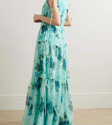 Loose Printing Spliced Folds Casual Dresses for Women Round Neck Sleeveless Patchwork Lace Up Elegant Dress Female