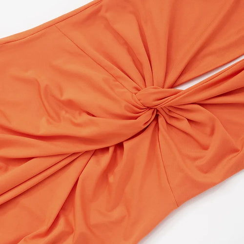 Load image into Gallery viewer, Metal Chain Halter Backless Sexy Maxi Dress Women Orange Off-shoulder Sleeveless Thigh High Split Club Long Dress
