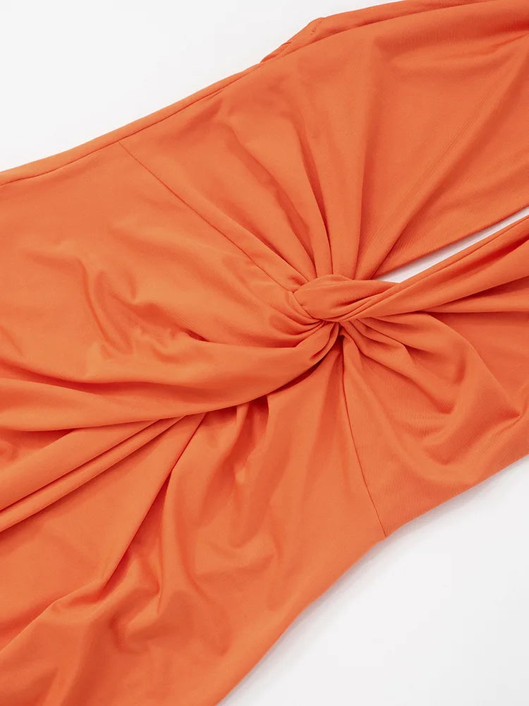 Metal Chain Halter Backless Sexy Maxi Dress Women Orange Off-shoulder Sleeveless Thigh High Split Club Long Dress