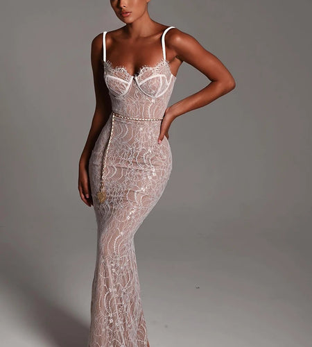 Sexy Lace Print Double Layer Dress For Women Bodycon Backless Metal Heart Pendant Maxi Dress Party Club Evening Dress