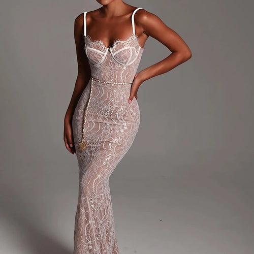 Load image into Gallery viewer, Sexy Lace Print Double Layer Dress For Women Bodycon Backless Metal Heart Pendant Maxi Dress Party Club Evening Dress
