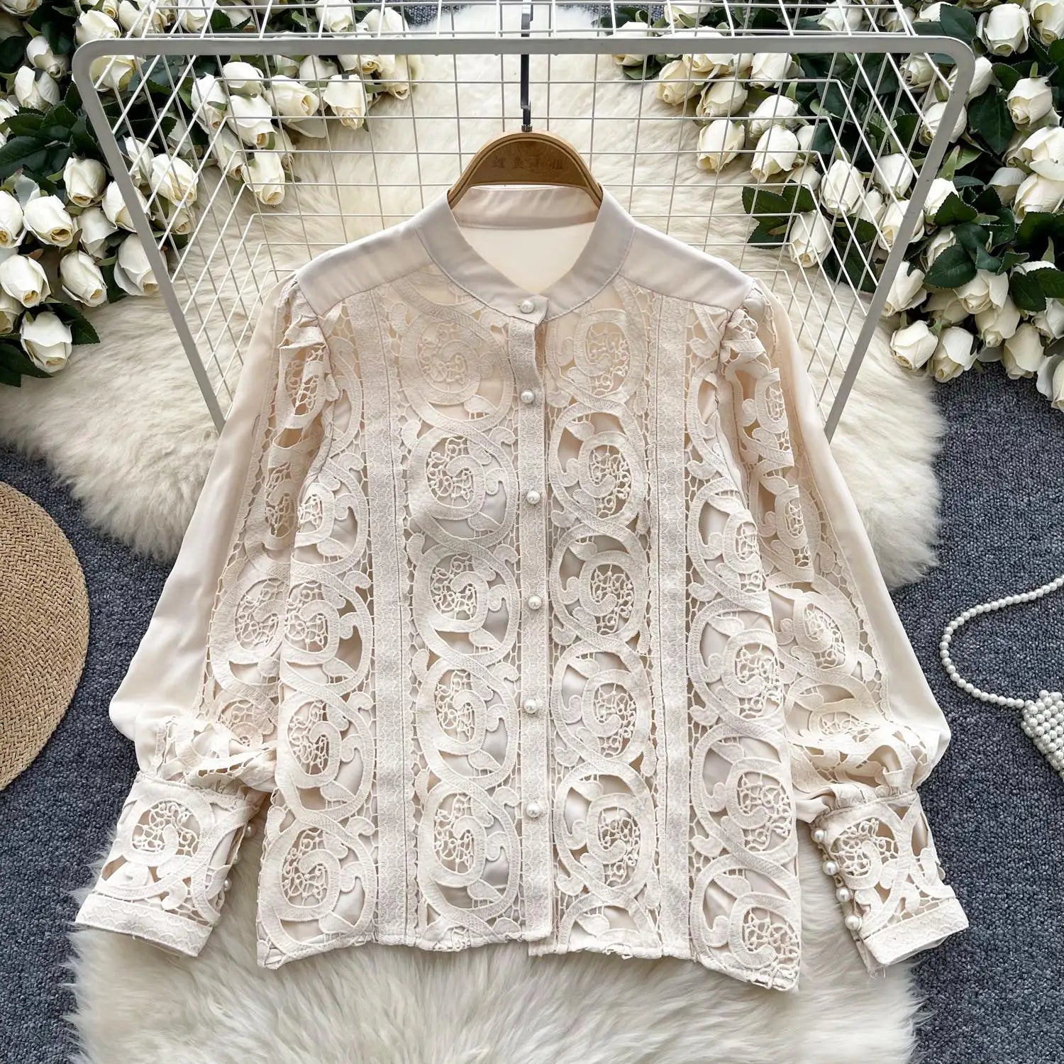 French Women Solid Lace Single Breasted Shirt 2024 Spring Autumn Vintage Ladies Long Sleeve Festival Blouses Fashion Tops Simple