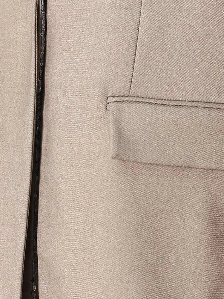 Women Khaki Sequins Spliced Irregular Big Size Blazer New Lapel Long Sleeve Jacket Fashion Tide Spring Autumn 2025 7AB8210