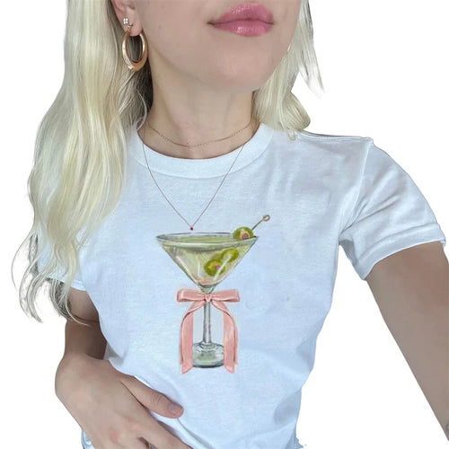 Load image into Gallery viewer, y2k Baby Tee Women Aesthetic Clothes Fruit/Wine Cup Print Round Neck Short Sleeve Crop Top Graphic T Shirt Streetwear
