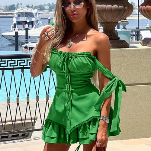 Load image into Gallery viewer, Sleeveless Ruffled Sexy Mini Dress For Women Robe Spaghetti Strap Backless Lace-up Bodycon Dress Elegant Clubwear
