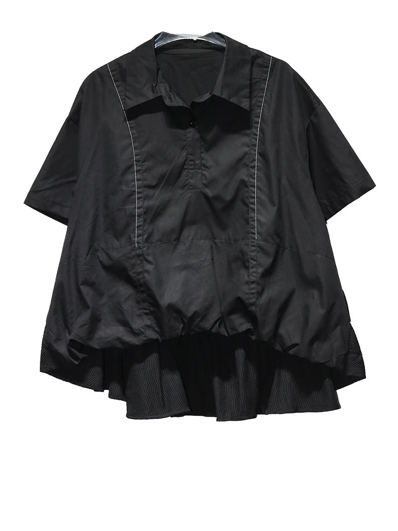 Women Black Dot Printed Irregular Big Size Blouse New Lapel Short Sleeve Shirt Fashion Tide Spring Summer 2025 1DJ1612