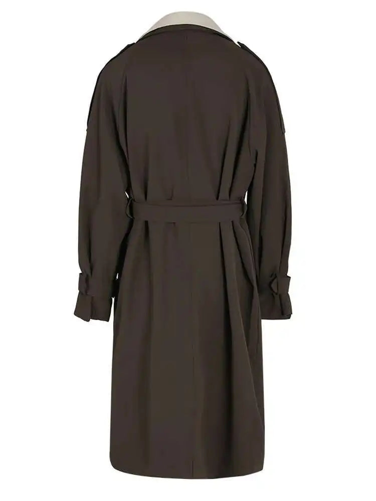 Women Brown Color-block Big Size Long Trench New Lapel Long Sleeve Windbreaker Fashion Tide Spring Autumn 2025 2AA310104