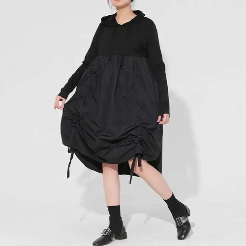 Load image into Gallery viewer, Women Black Drawstring Hollow Out Big Size Irregular Dress New Hooded Long Sleeve Fashion Tide Spring Autumn 2025 JD076
