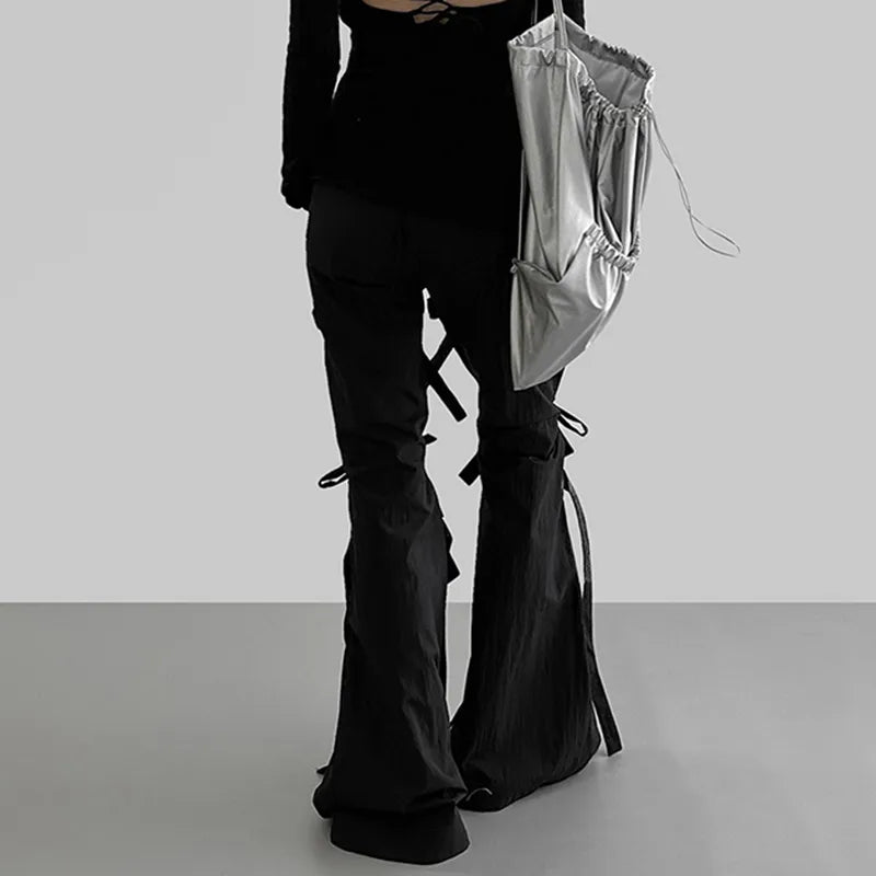 Harajuku Bandage Black Flare Pants Chic Design Lace Up Bow Female Trousers Full Length Gothic Casual Sweatpants