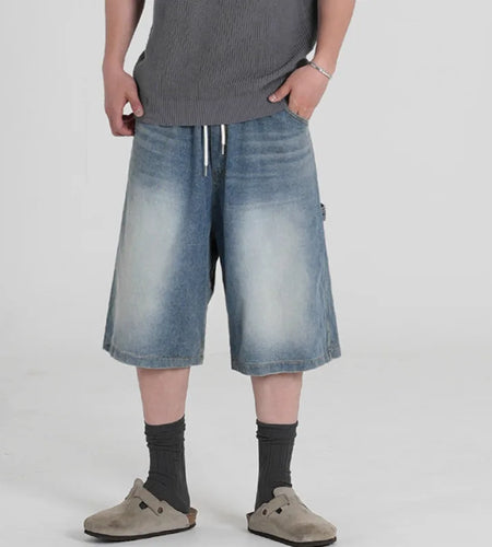Men's Washed Wide Leg Denim Shorts New Summer Loose Solid Color Korean Elastici Waist Niche Cropped Trendy Bottoms 9W1637