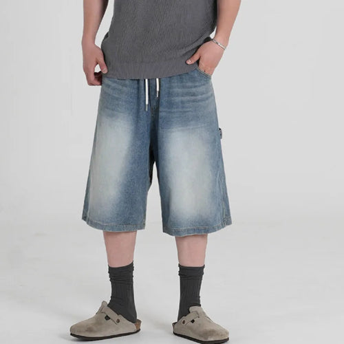 Load image into Gallery viewer, Men&#39;s Washed Wide Leg Denim Shorts New Summer Loose Solid Color Korean Elastici Waist Niche Cropped Trendy Bottoms 9W1637
